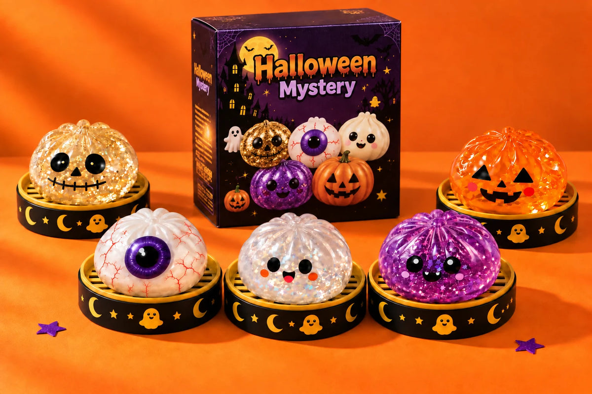 Halloween Mystery retail box and the five squishy characters