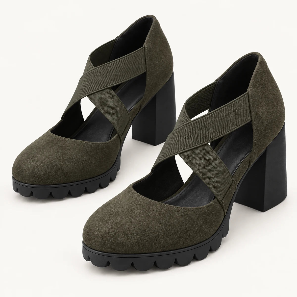 The Clara in Olive Grove with elastic cross straps and black block heels