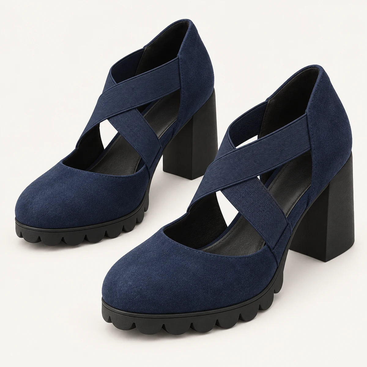 The Clara in Midnight Navy with textured uppers, elastic cross straps and black block heels